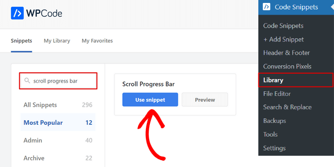 Select the Scroll Progress Bar snippet from the WPCode library