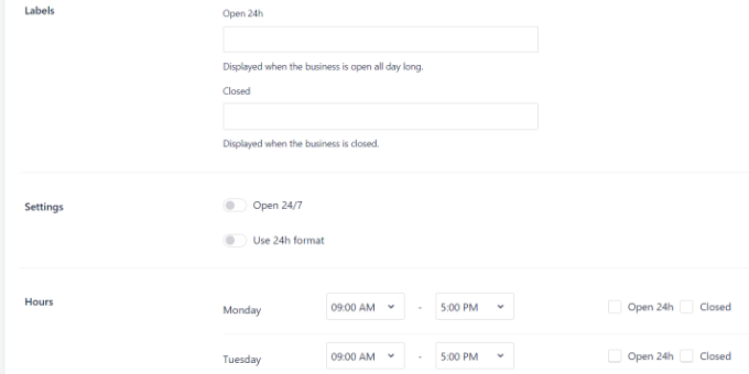 Set opening and closing hours