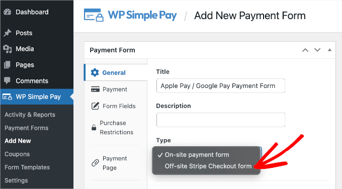 Selecting the Stripe Checkout Option