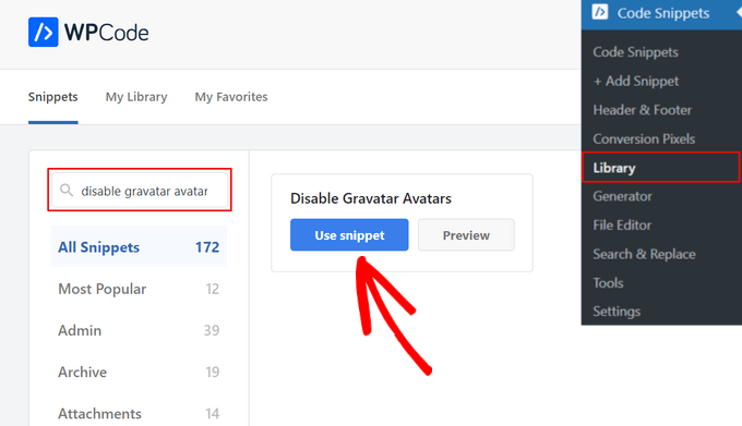 Select the snippet for disabling Gravatar avatars from the library