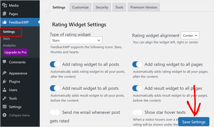 FeedbackWP's plugin settings