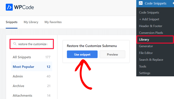Select the 'Restore the Customize Submenu' snippet from the WPCode library