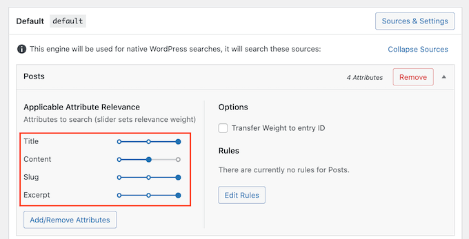 SearchWP's default search engine settings