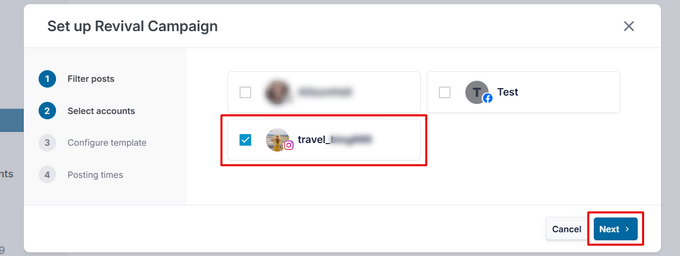 Select your Instagram account in the revival campaign setup