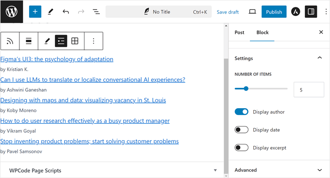 Configuring the RSS block settings in WordPress