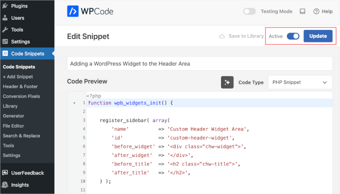 Saved settings in WPCode