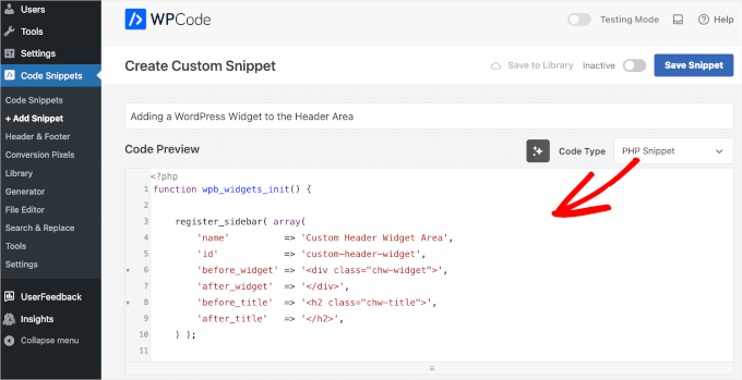 Adding PHP code snippets using WPCode to add WP widget to the header area