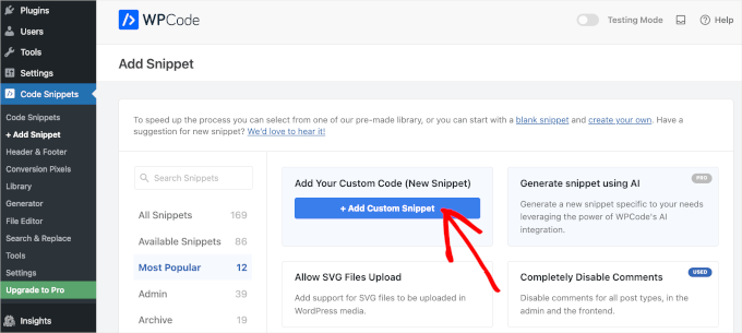 Add Custom Snippet button in WPCode