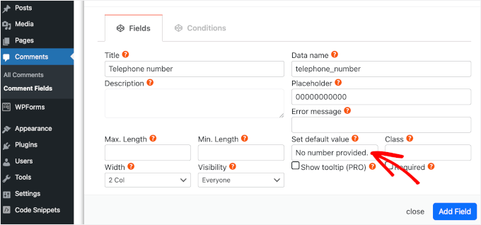 Setting up default value for custom WordPress comment field