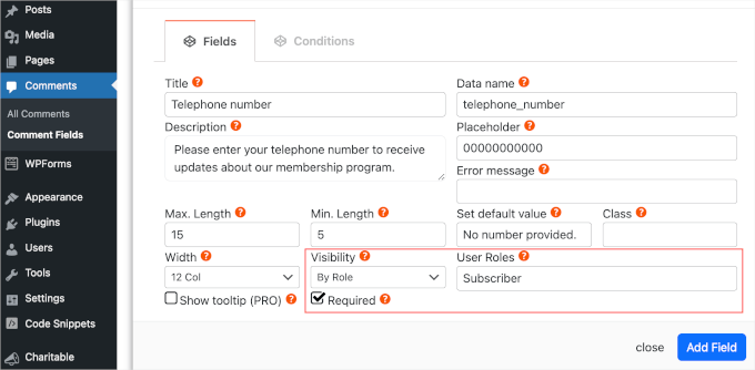 Setting up visibility to a specific user role and marking the field as required