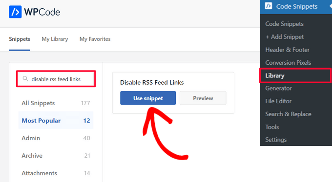 Select the 'Disable RSS Feed Links' snippet from the WPCode library