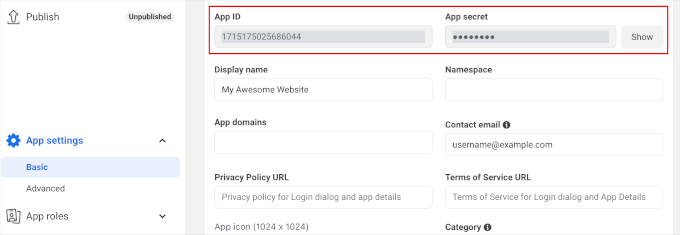 The Facebook App ID and App Secret