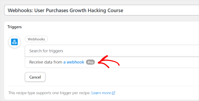 Select receive data from a webhook