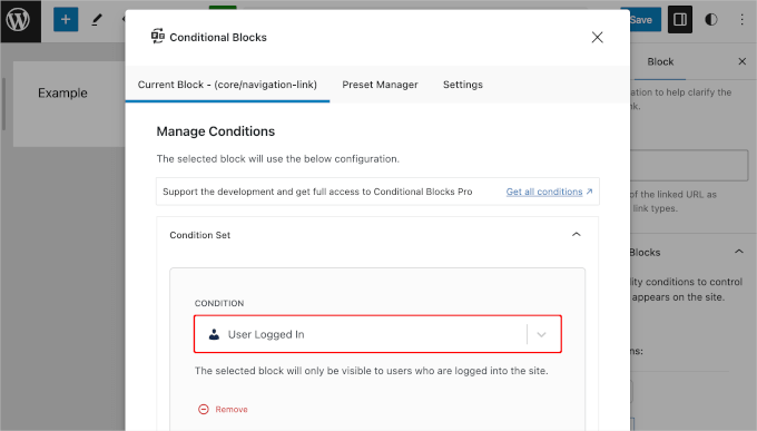 Setting conditions in the block editor