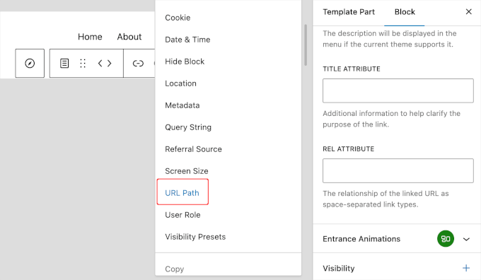 Selecting the URL Path option in block editor