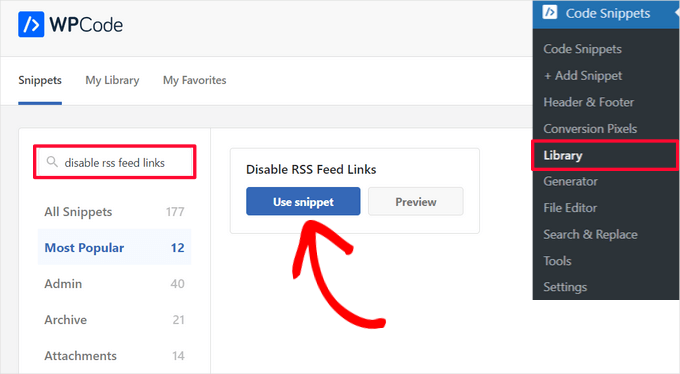 Select the 'Disable RSS Feed Links' snippet from the WPCode library