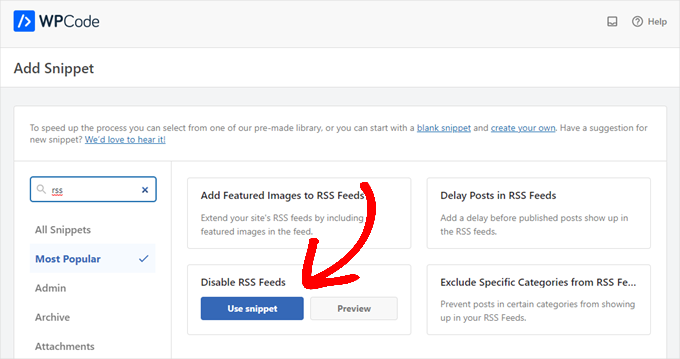 Use WPCode to Disable RSS feeds