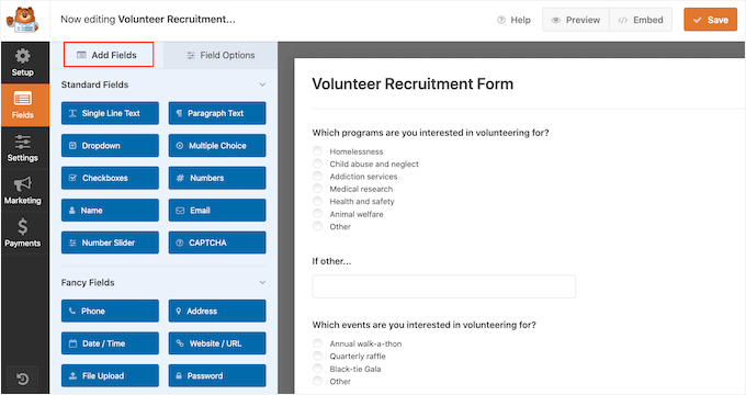 Adding fields to the WPForms volunteer application form