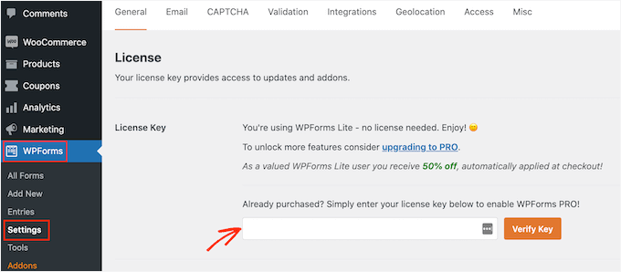 Entering your WPForms license key