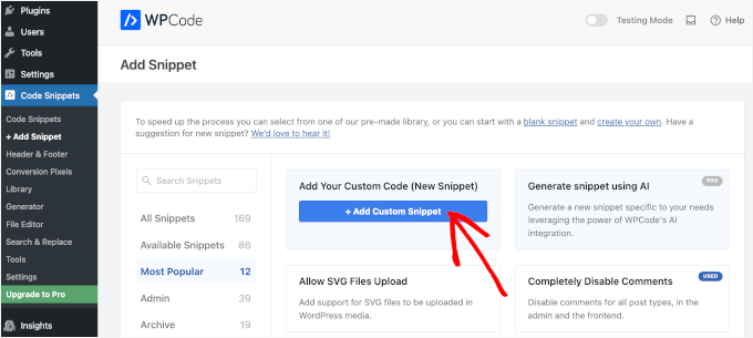 Add Custom Snippet button in WPCode