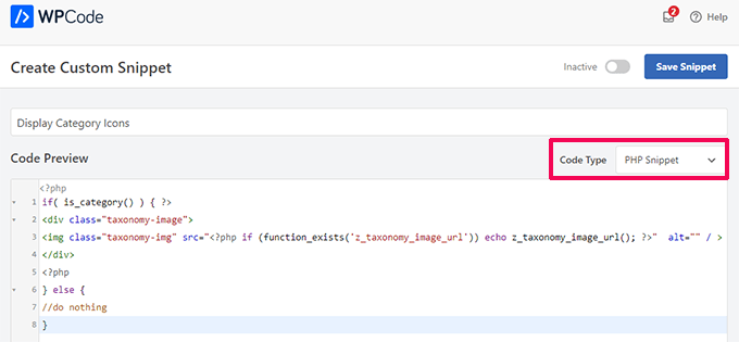 WPCode snippet type