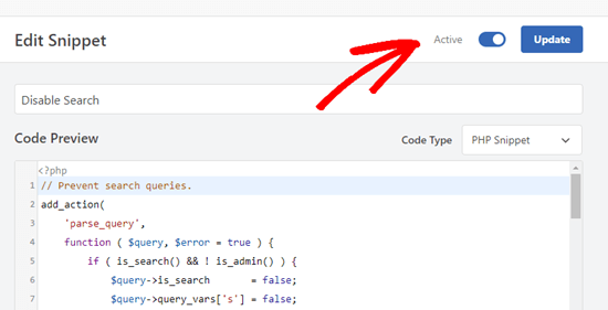 单击激活开关并按更新以禁用 WordPress 中的搜索