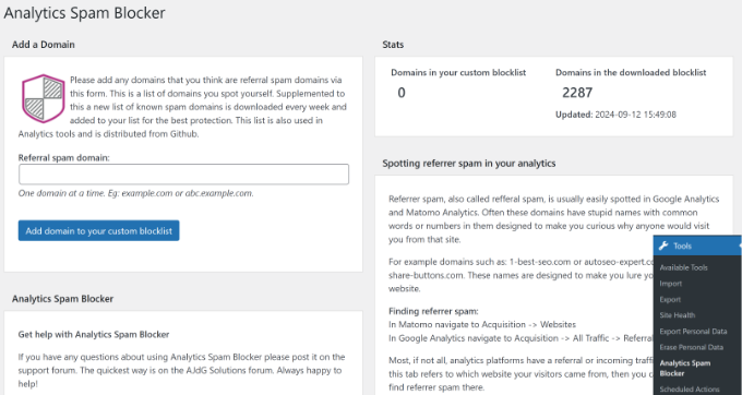 Analytics spam blocker settings