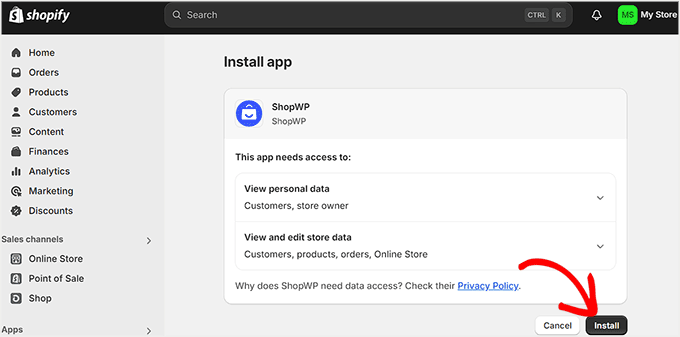 Click the Install button to allow ShopWP to access Shopify data