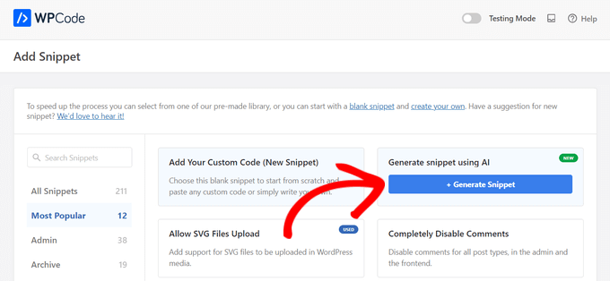 Click on the 'Generate snippet using AI' option