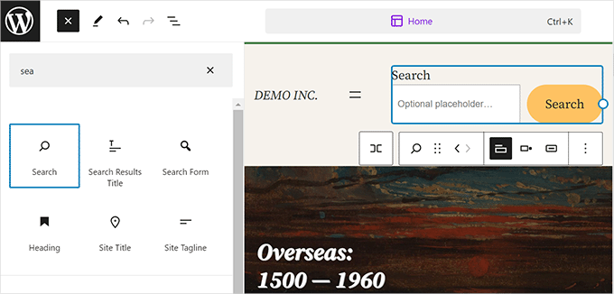 Search block in site editor