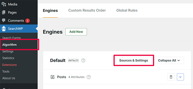 Search sources and settings