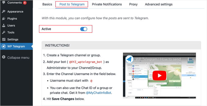 Toggle the Active Switch on the Post to Telegram Tab