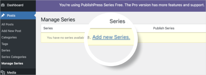 The add new series button in the issues and series plugin