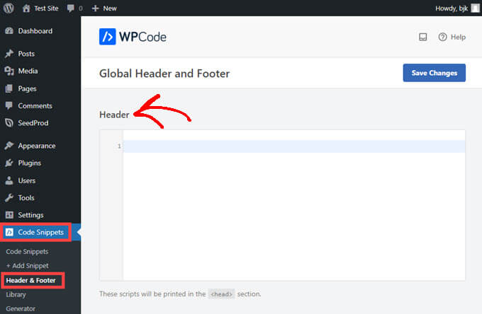 Paste code into the Header section in WPCode