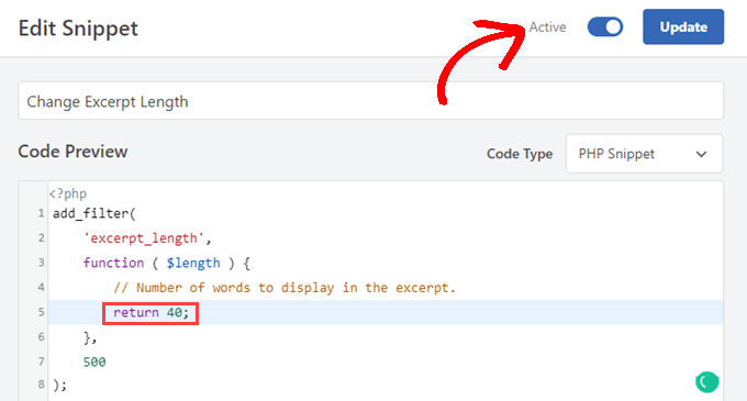 WPCode changing the number of words in an excerpt and activating a snippet