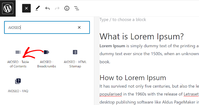 AIOSEO table of content block