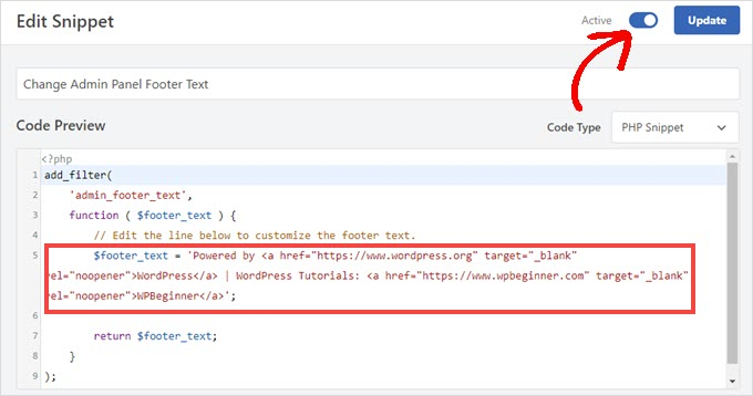 WPCode edit snippet to change footer text
