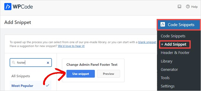 Use snippet in WPCode to change the footer