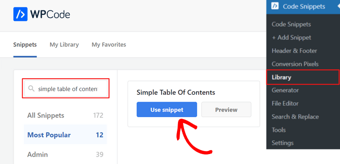 Select the Simple Table of Contents snippet from the WPCode library