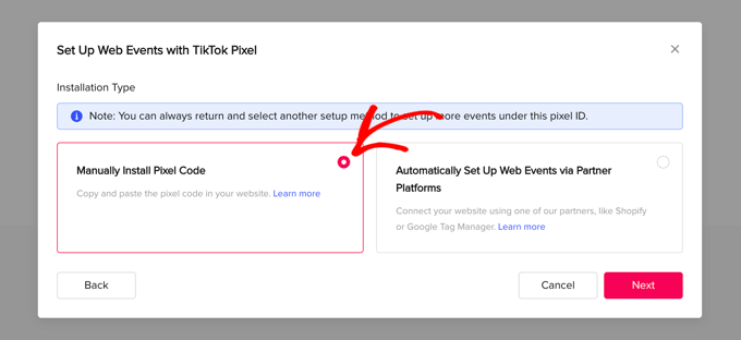 Select the Manually Install Pixel Code Option