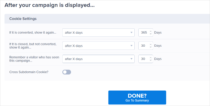 Edit cookie settings in OptinMonster