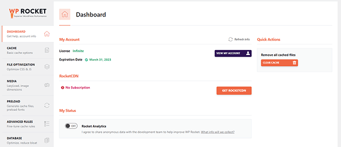 WP Rocket dashboard