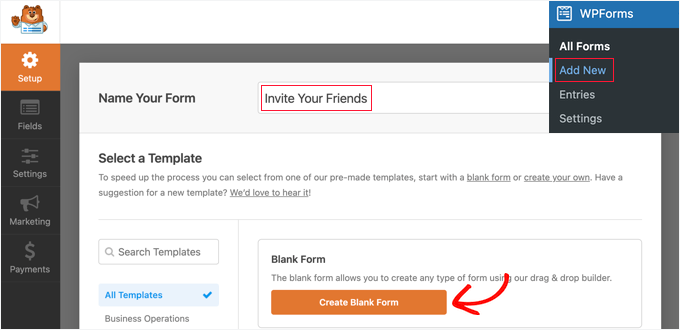 Add a New Blank Form in WPForms