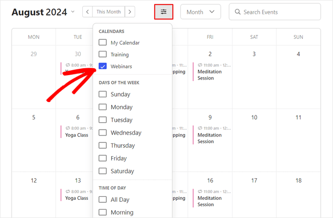 An event calendar on a WordPress website