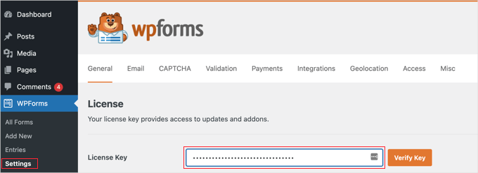 Visit the WPForms » Settings Page to Enter Your License Key