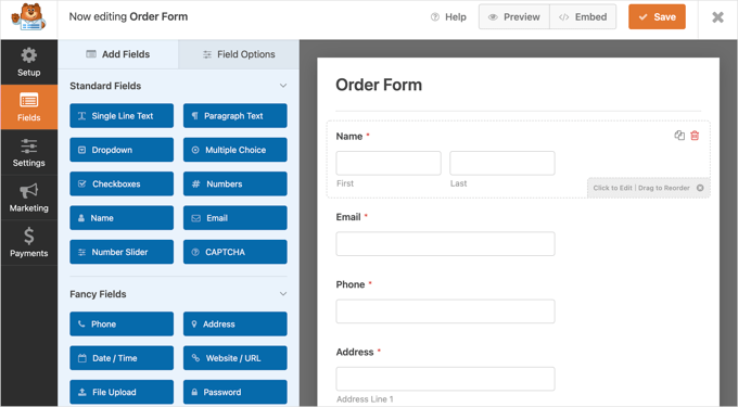 WPForms Will Pre-load the Form Builder with a Simple Order Form