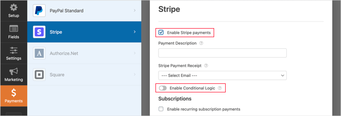 Check the ‘Enable Stripe Payments’ Box