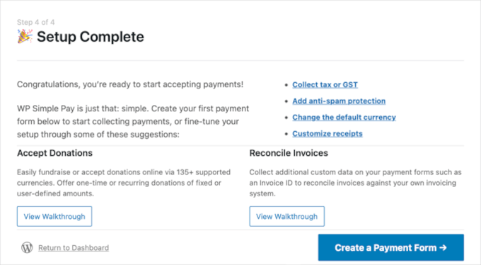 WP Simple Pay Setup Is Complete