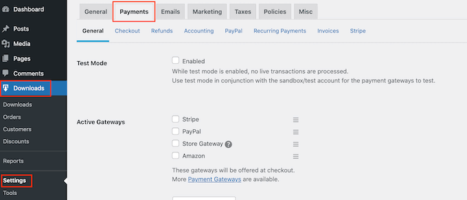 Configuring payment gateways in Easy Digital Downloads