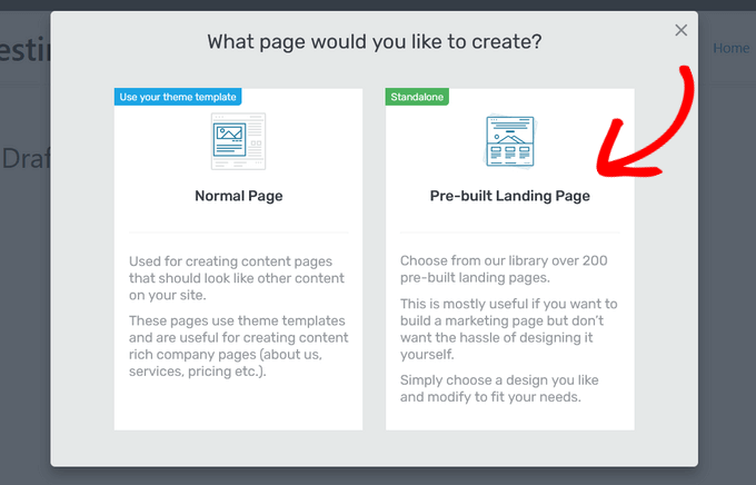 Choose the Pre-built Landing Page option in Thrive Architect